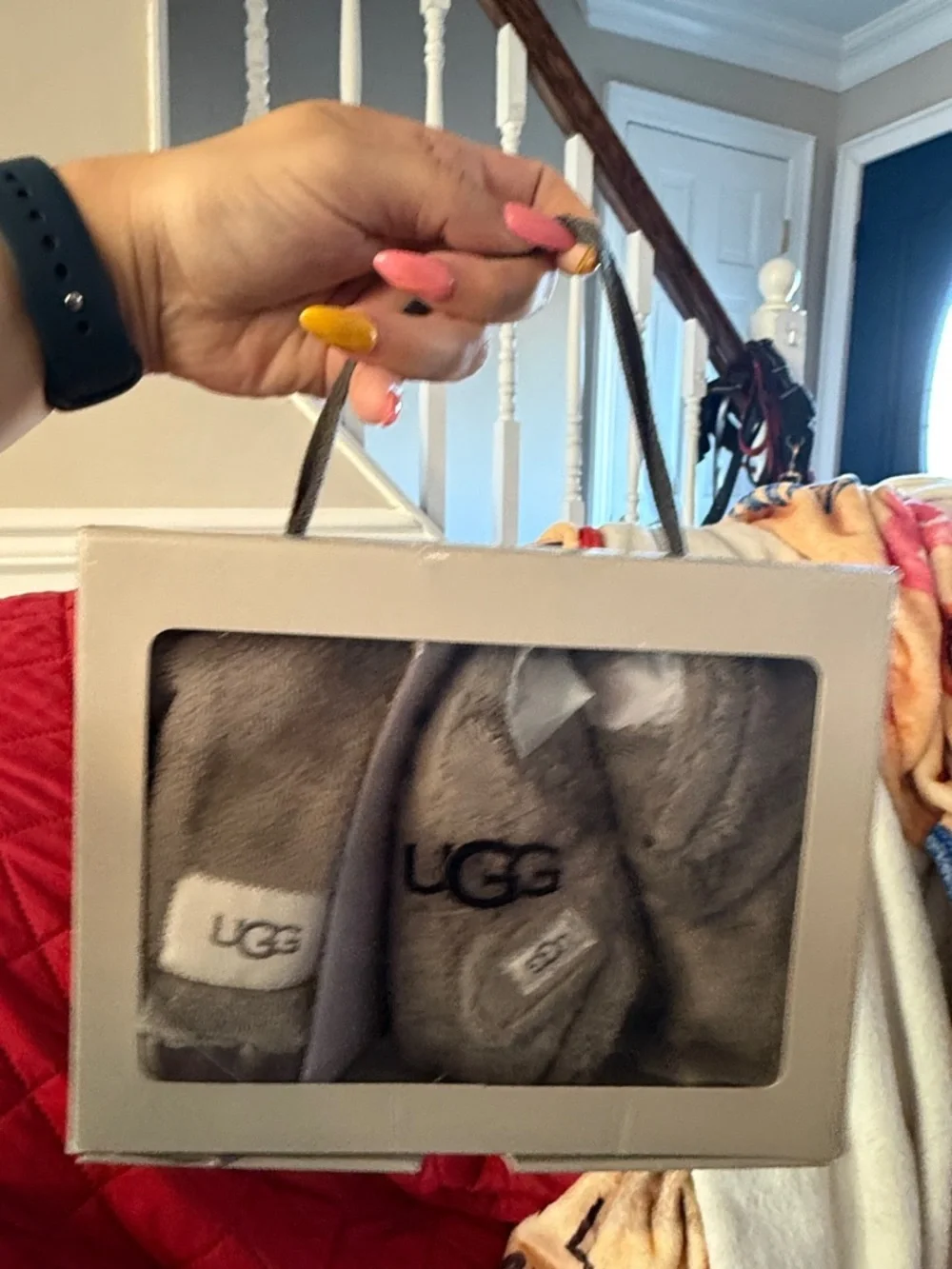 UGG Gray Faux Fur Baby Booties with Matching Gray Blanket